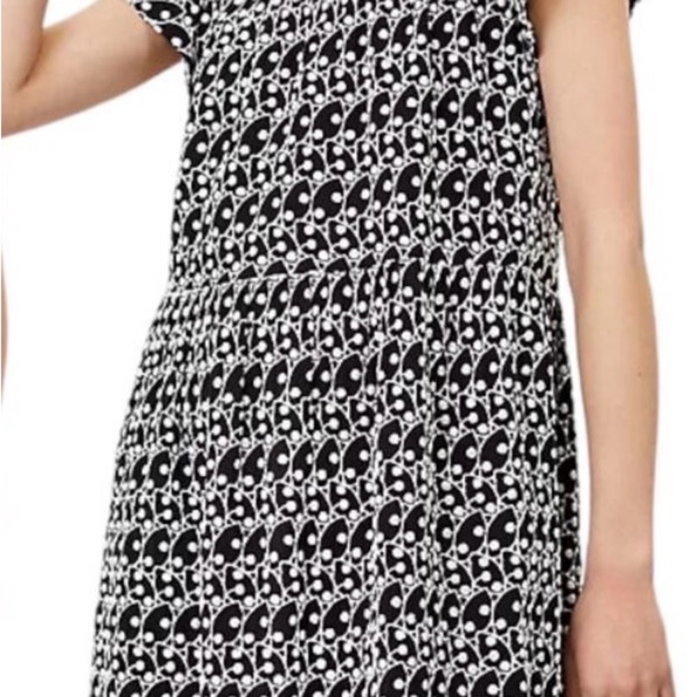 Loft XL Swing Dress Black White Eyelet Embroidered Flutter Short Sleeve Smocked - Picture 9 of 11